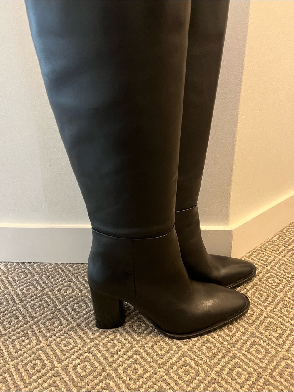 Heeled Black Leather Knee High Boots